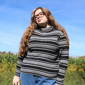 Northcrest Gray and Black Striped Turtleneck Sweater, XL